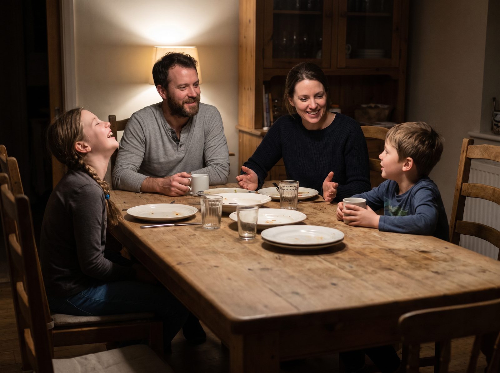 A family of four around the dinner table after a weeknight meal