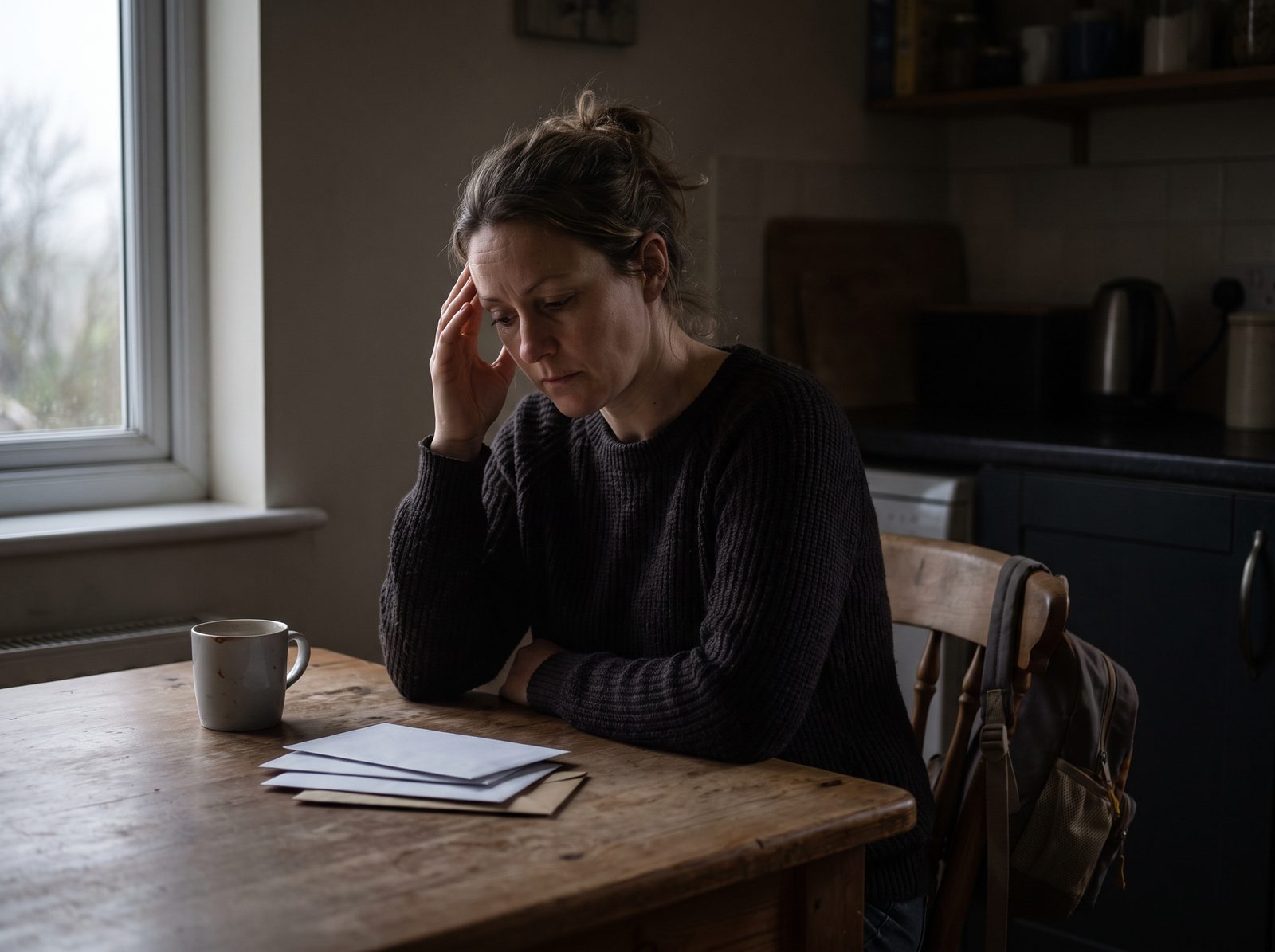 A woman in her forties sitting alone at a kitchen table with a stack of unopened post