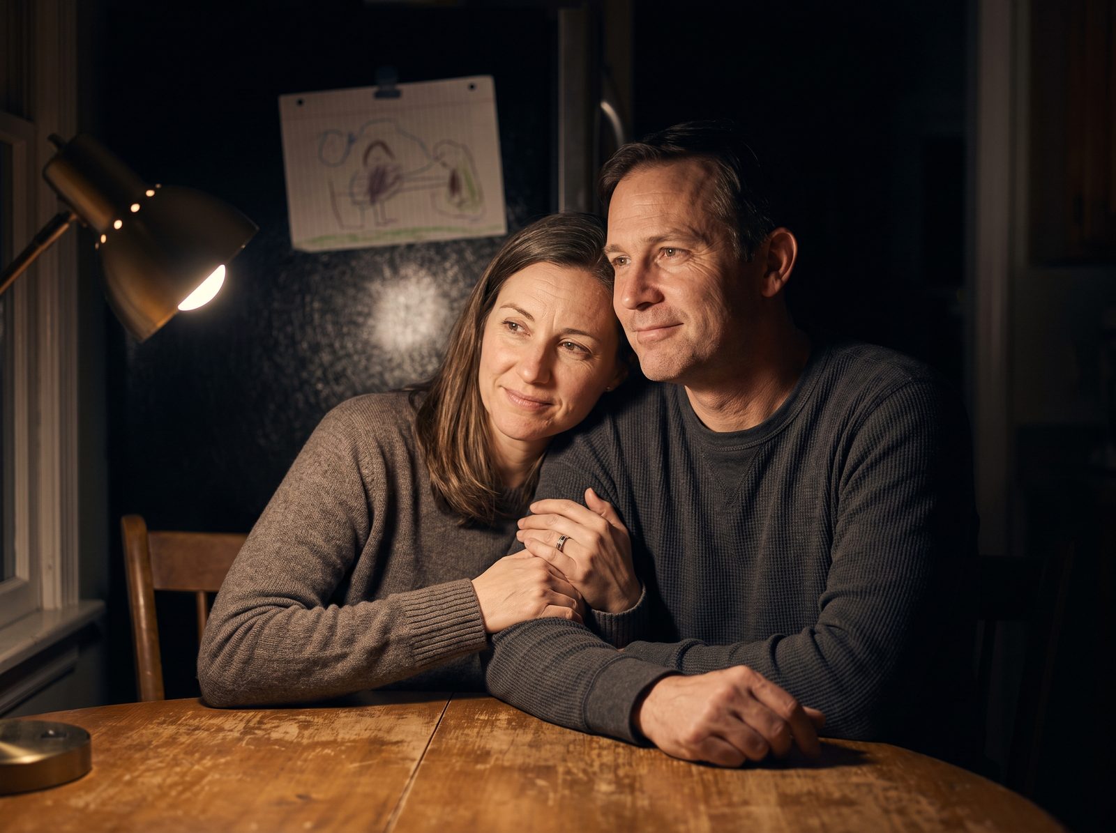 A couple in their forties sitting together at their kitchen table late in the evening