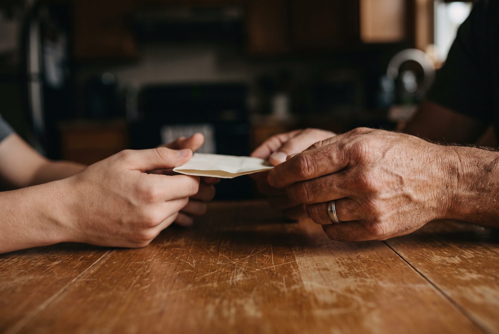 The hands of a father passing a folded paper to the hands of his teenage son across a table