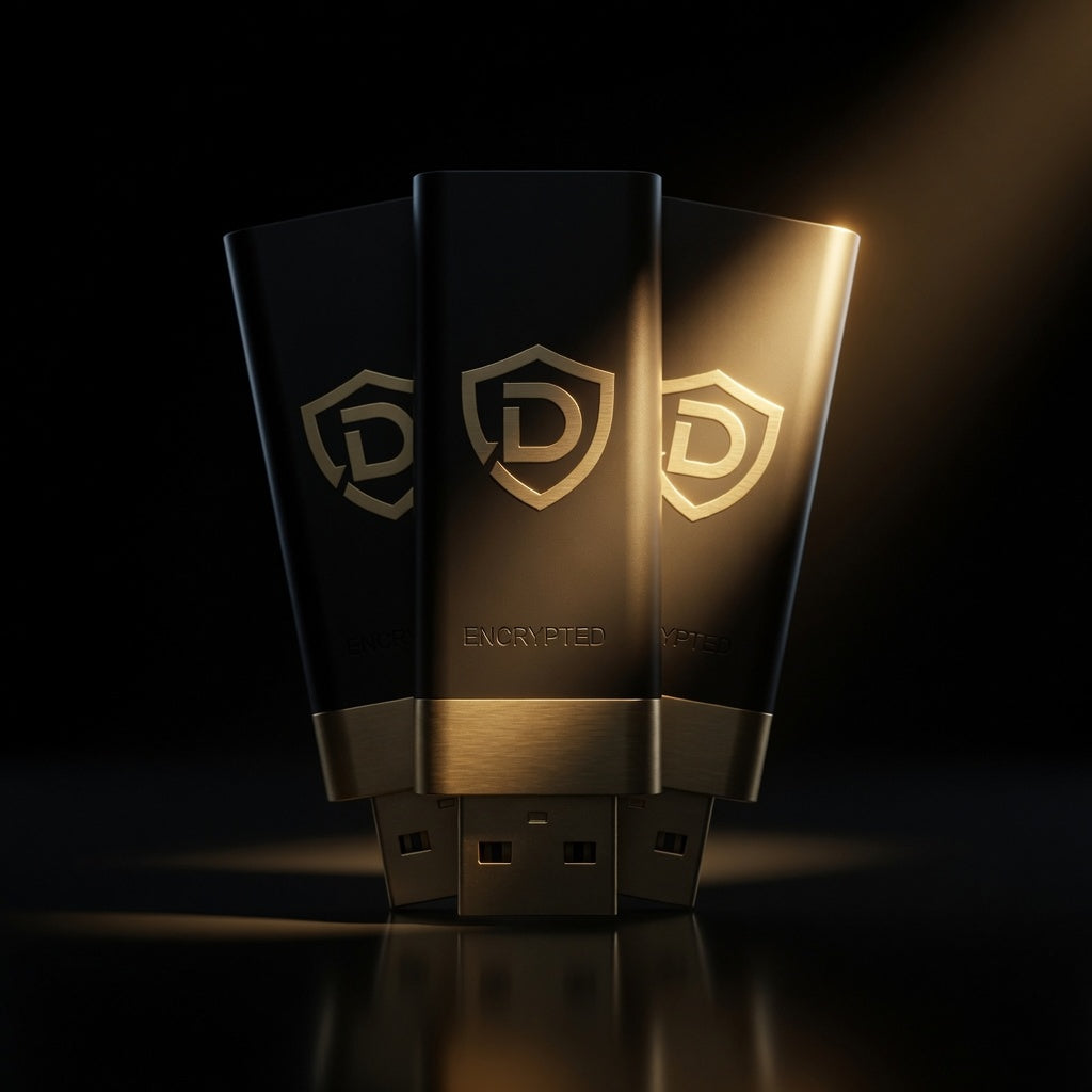 Three DeadSwitch USB Vaults in gold studio light