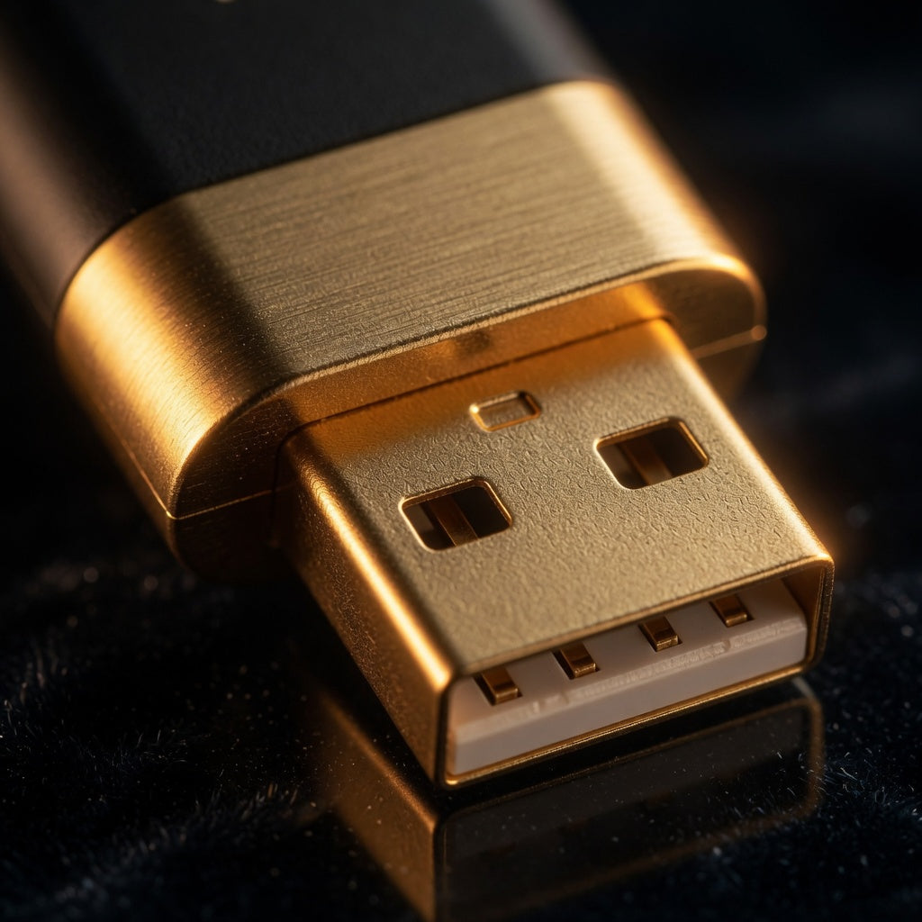 Close-up of the brushed gold USB-A collar and connector