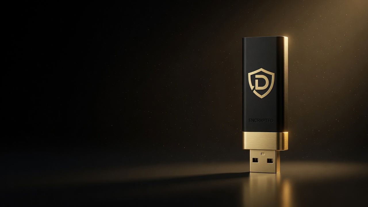 DeadSwitch USB vault standing in gold light on a dark surface: matte black body, gold shield-and-D, brushed gold collar and USB-A connector